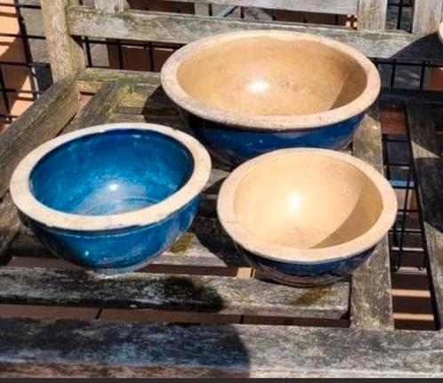 Set bloempotten blauwgeglazuurd (3 stuks), Tuin en Terras, Bloempotten, Zo goed als nieuw, Aardewerk, Balkon, Tuin, Minder dan 40 cm