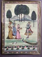 Grote miniatuur Krishna schildering op zijde met goud India, Ophalen of Verzenden