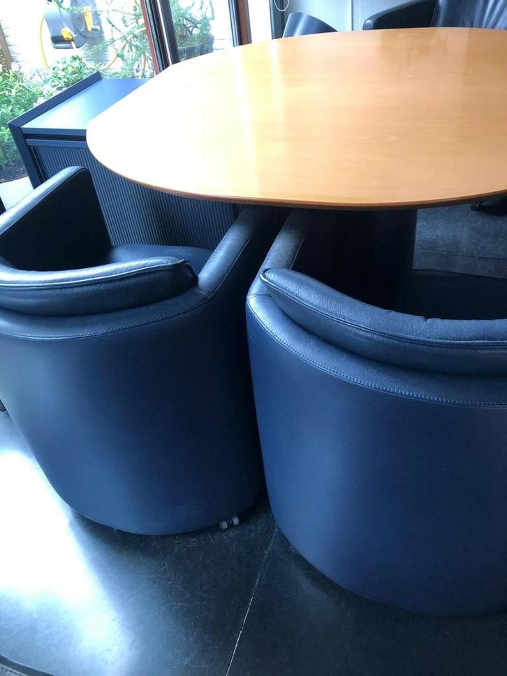 Leolux Eethoek, Blauw Leer, Jaren 90, Huis en Inrichting, Tafels | Eettafels, Gebruikt, 100 tot 150 cm, Vier personen, Ovaal, Overige houtsoorten