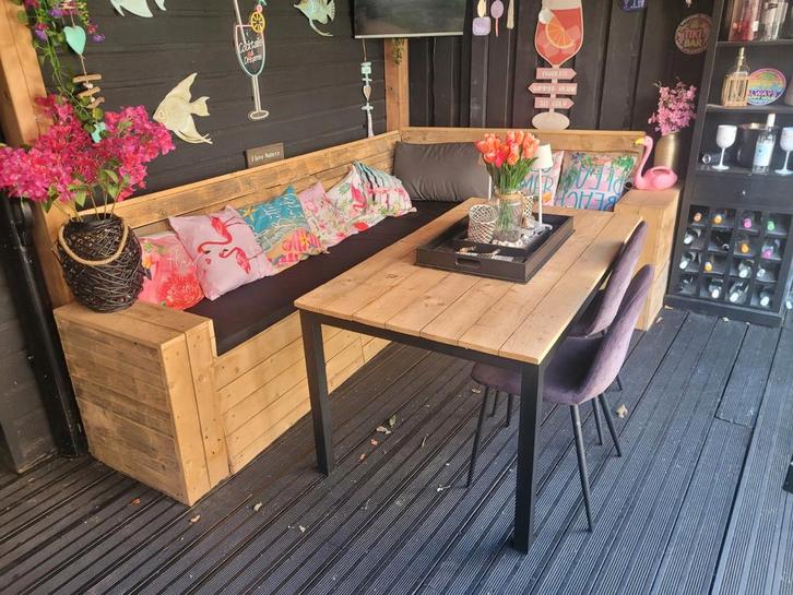 Hoekbank, tafel en 2 stoelen set, Tuin en Terras, Tuinsets en Loungesets, Gebruikt, Tuinset, Hout, 6 zitplaatsen, Bank, Eettafel