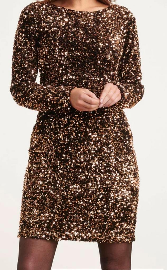 Smashed Lemon pailletten jurk goud - XL, Kleding | Dames, Jurken, Zo goed als nieuw, Maat 42/44 (L), Overige kleuren, Boven de knie