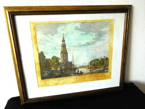 Prent oud Amsterdam in lijst gesigneerd S. Fokke 1760, Antiek en Kunst, Kunst | Tekeningen en Foto's, Ophalen