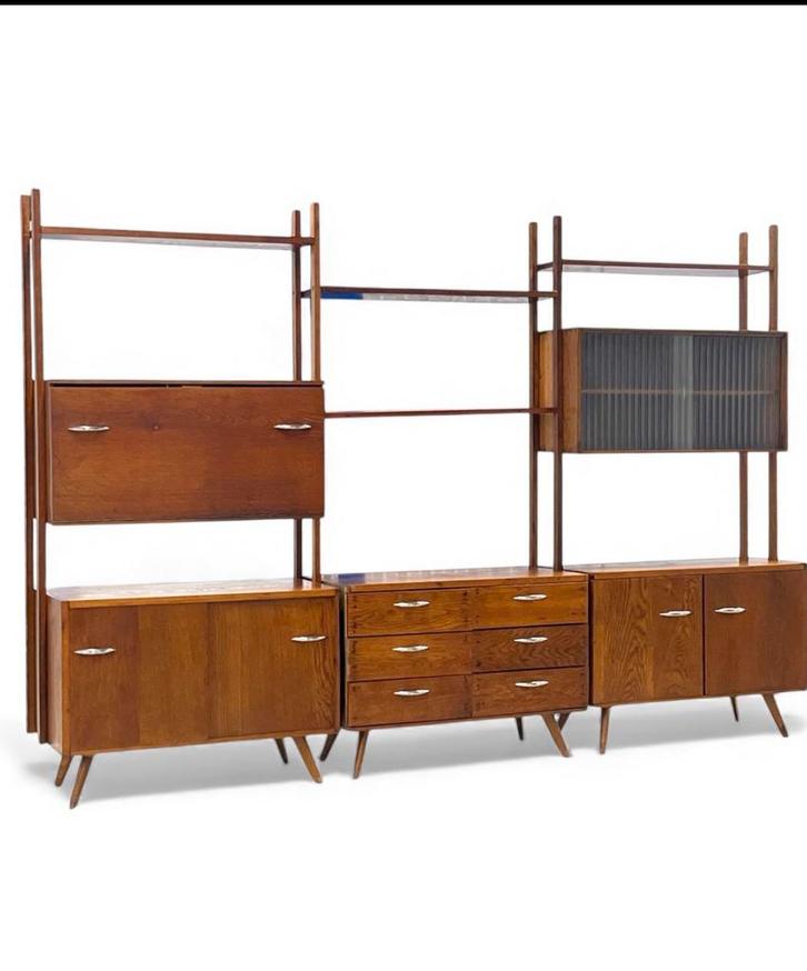 Vintage modulair wandsysteem | massief houten wandmeubel, Huis en Inrichting, Kasten | Wandmeubels, Gebruikt, 150 tot 200 cm, 200 tot 250 cm