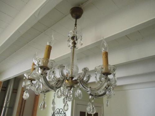 Oude kroonluchter met 5 armen / lichtpunten, Huis en Inrichting, Lampen | Kroonluchters, Zo goed als nieuw, Glas, Ophalen
