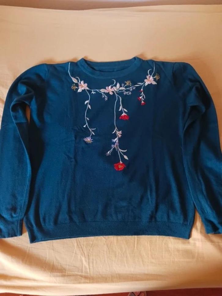 Mooie dunne blauwe trui met borduursels 38, Kleding | Dames, Truien en Vesten, Zo goed als nieuw, Maat 38/40 (M), Overige kleuren
