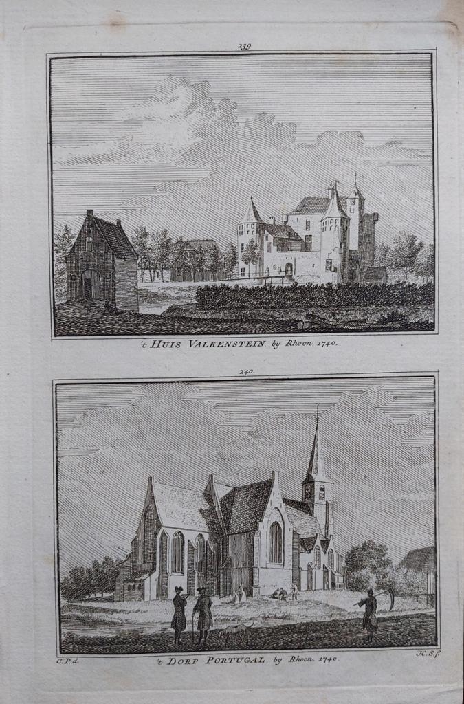239-240 / Huis Valkenstein en dorp Portugal bij Rhoon, Antiek en Kunst, Kunst | Etsen en Gravures, Ophalen of Verzenden