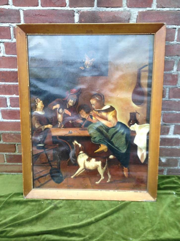 Oleografie, voorstelling 17e eeuws herberginterieur., Antiek en Kunst, Kunst | Etsen en Gravures, Ophalen of Verzenden