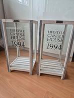 2 windlichten glas, wit oud hout, metalen strips- lifestyle, Huis en Inrichting, Woonaccessoires | Zuilen en Pilaren, Ophalen