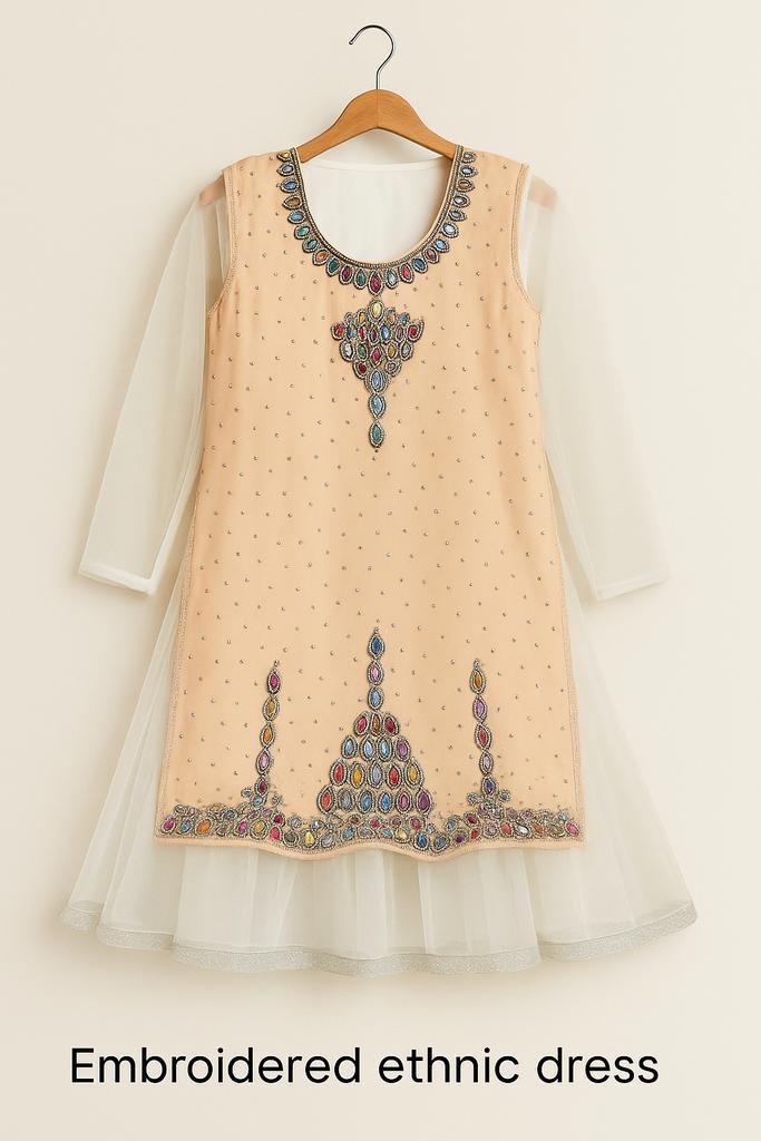 Paarse Feestjurk met Gouden Borduursels (M/L) + Dupatta, Kleding | Dames, Jurken, Zo goed als nieuw, Maat 38/40 (M), Paars, Verzenden