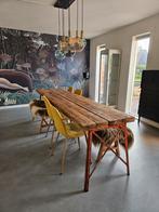 Grote industriële eettafel met vier stoelen, Ophalen, 200 cm of meer, 50 tot 100 cm, Zo goed als nieuw