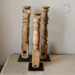 Houten baluster kandelaar met metalen voet, Antiek en Kunst, Ophalen of Verzenden, Overige materialen