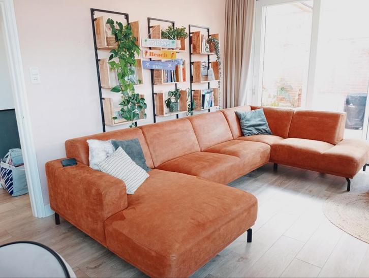 Hoekbank, u bank in cognac, zo goed als nieuw, Huis en Inrichting, Banken | Complete zithoeken, Zo goed als nieuw, Stof, Ophalen