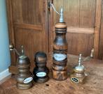 4 vintage houten grinders pepermolen zout molens mt emaille, Ophalen of Verzenden, Huis en Inrichting