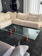 Glazen salontafel met Amerikaanse kersenhouten poten, Huis en Inrichting, Ophalen, Kersenhout, 50 tot 100 cm, Zo goed als nieuw