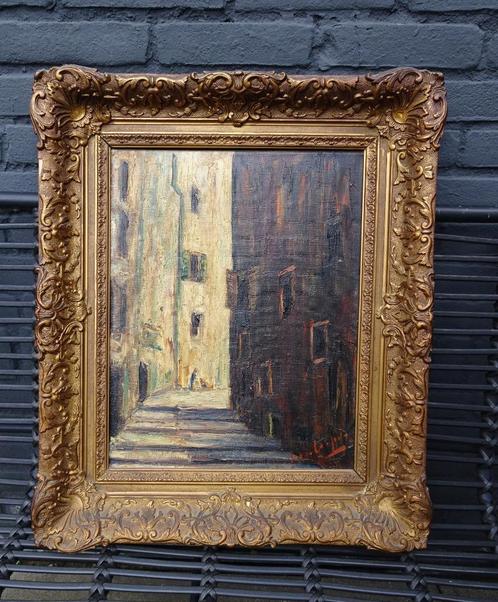 Oud Antiek schilderij Stadsgezicht Zonzijde Schaduw Olieverf, Antiek en Kunst, Kunst | Schilderijen | Klassiek, Ophalen