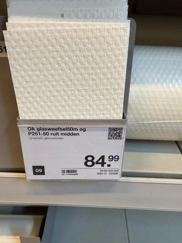 Gezocht stuk Gamma behang: glasweefsel p251-50 ruit midden, Huis en Inrichting, Stoffering | Behang, Wit, minder dan 10 m², Ophalen