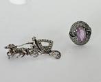 Antieke Zilveren Broche & Ring Amethist Markasiet, Ophalen of Verzenden