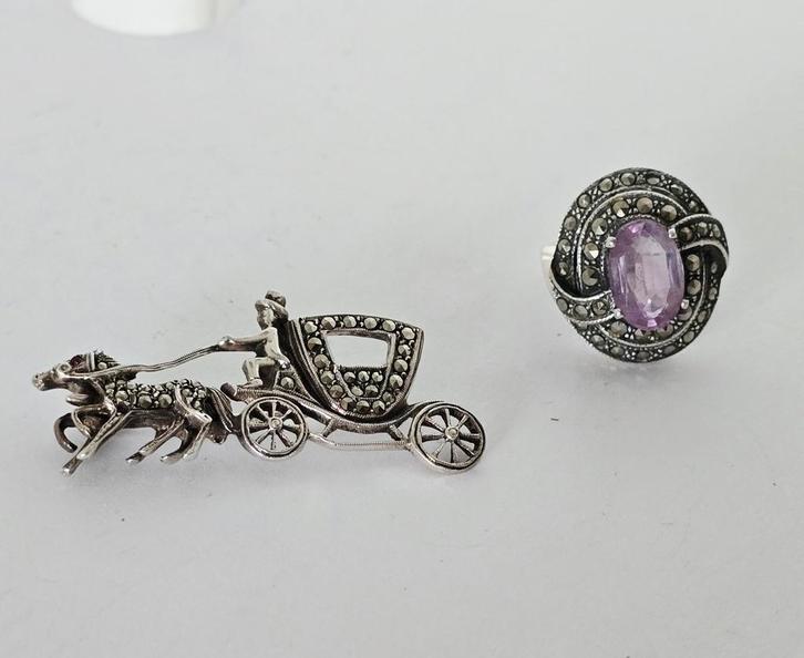 Antieke Zilveren Broche & Ring Amethist Markasiet, Sieraden, Tassen en Uiterlijk, Bedels, Ophalen of Verzenden