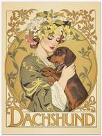 Dame met DACHSHUND Teckel Vintage Poster affiche, Antiek en Kunst, Verzenden