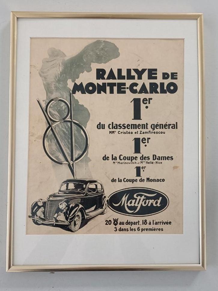 ingelijste auto-advertentie Ford jaren 30 Monte Carlo rallye, Verzamelen, Automerken, Motoren en Formule 1, Gebruikt, Auto's, Ophalen of Verzenden