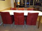 6 Rood leren eettafel stoelen, Huis en Inrichting, Stoelen, Ophalen, Gebruikt, Metaal, Vijf, Zes of meer stoelen