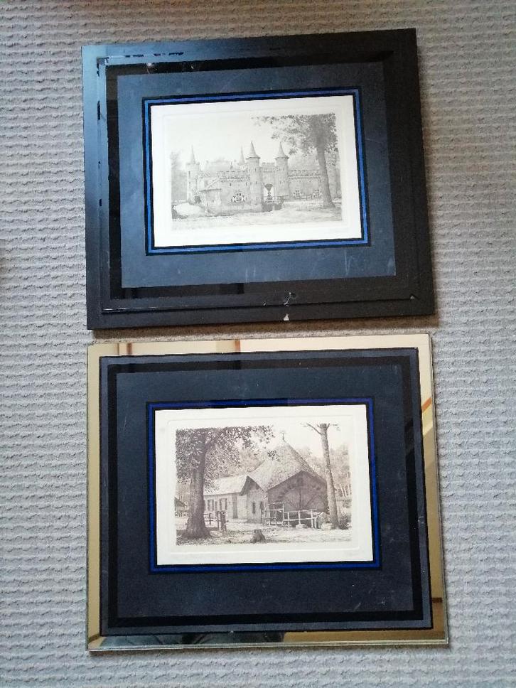 2x Ets: Kasteel Henkenshage & Rosmolen Oostrum monumenten, Antiek en Kunst, Kunst | Etsen en Gravures, Ophalen of Verzenden