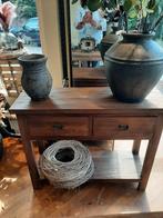 Robuuste oud teakhouten sidetable 2 lades onderplateau, Ophalen, 100 tot 150 cm, Sober landelijk, Teakhout