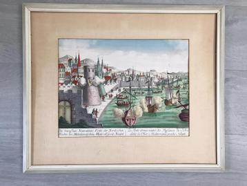 Antieke gravure, 18e eeuw, Neutraliteitsvloot bij Napels beschikbaar voor biedingen