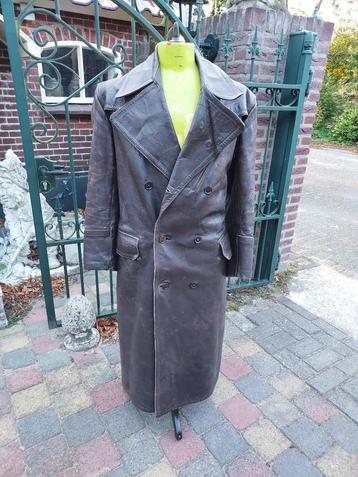 Antieke lange bruine leren motor/brommerjas. beschikbaar voor biedingen