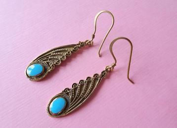 jwg Vintage 70s bohemian oorbellen goud turquoise turkoois beschikbaar voor biedingen