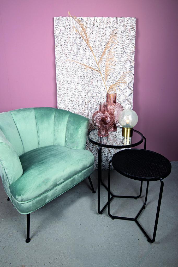 NIEUWE set van 2 BIJZETTAFELS zwart met GLAZEN en ROTAN BLAD, Huis en Inrichting, Tafels | Bijzettafels, Zo goed als nieuw, Rond