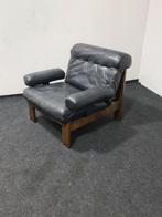 Vintage patch werk leer en eiken lounge stoel, Gebruikt, Metaal, Bruin, Verzenden