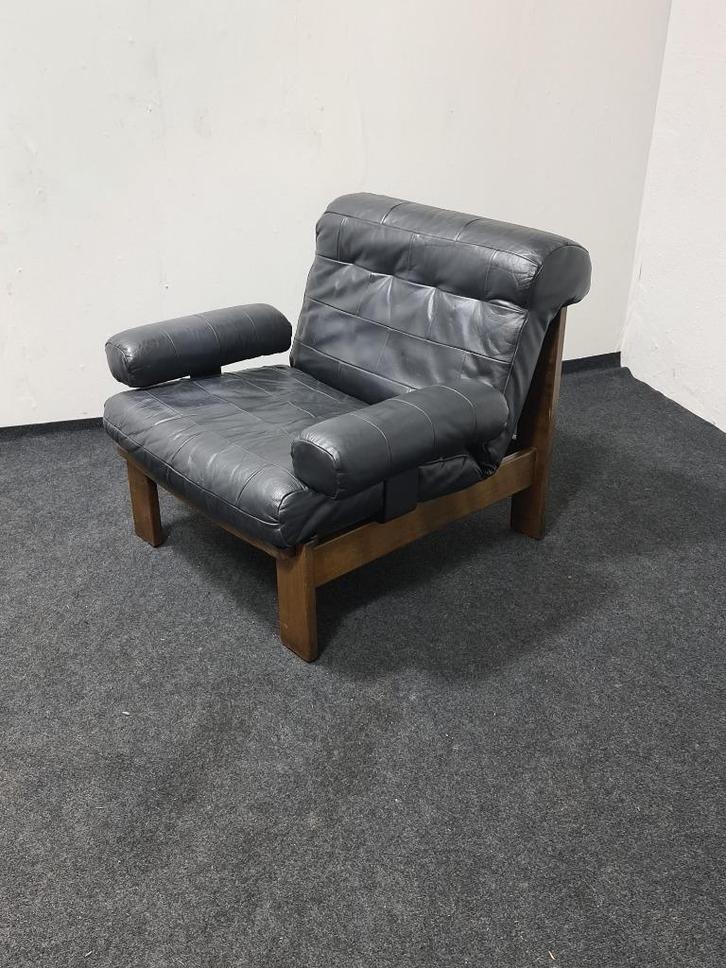 Vintage patch werk leer en eiken lounge stoel, Huis en Inrichting, Stoelen, Gebruikt, Eén, Hout, Leer, Metaal, Overige materialen
