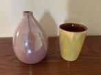 Keramieken roze vaas & zacht geel potje – iriserend glazuur, Huis en Inrichting, Woonaccessoires | Vazen, Ophalen, Overige kleuren