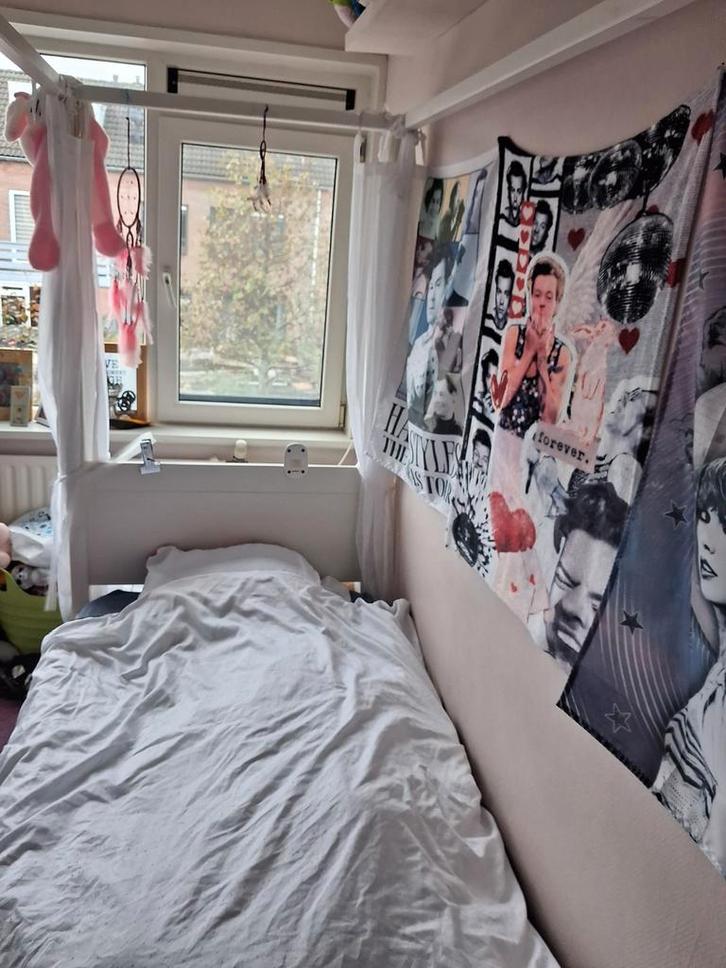 Romantisch Hemelbed met Gordijnen, Huis en Inrichting, Slaapkamer | Bedden, Zo goed als nieuw, Eenpersoons, 90 cm, 200 cm, Hout