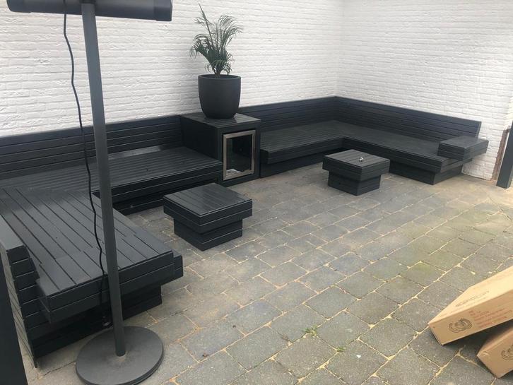 Prachtige op maat gemaakte hoek loungeset van leer en hout, Tuin en Terras, Overkappingen, Gebruikt, Veranda, Ophalen