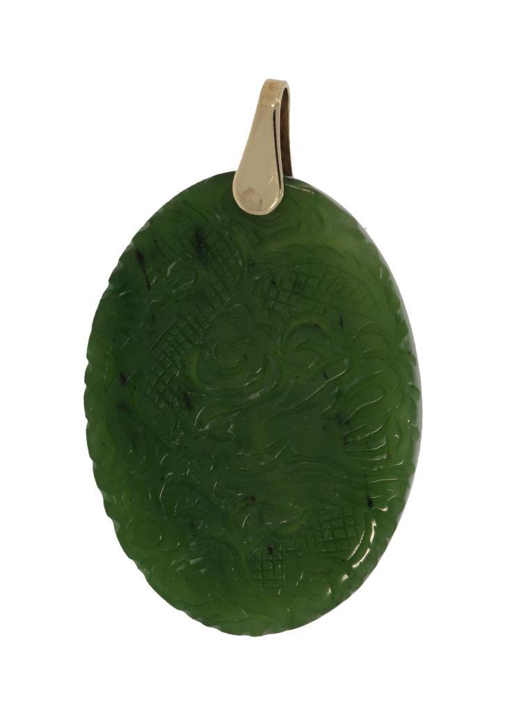Jade Nefriet grote 14k gouden vintage ketting hanger unisex, Sieraden, Tassen en Uiterlijk, Antieke sieraden, Hanger, Goud, Met edelsteen