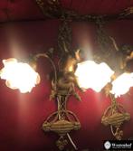2 Wandlampen antiek barok engelen beeld goud brons kap glas