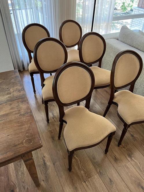 Set van 6 Louis XIV eetkamerstoelen, Huis en Inrichting, Stoelen, Zo goed als nieuw, Stof, Bruin, Ophalen