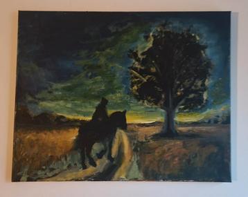 Acryl schilderij gemaakt op canvas. 40x50cm. Paard en ruiter beschikbaar voor biedingen