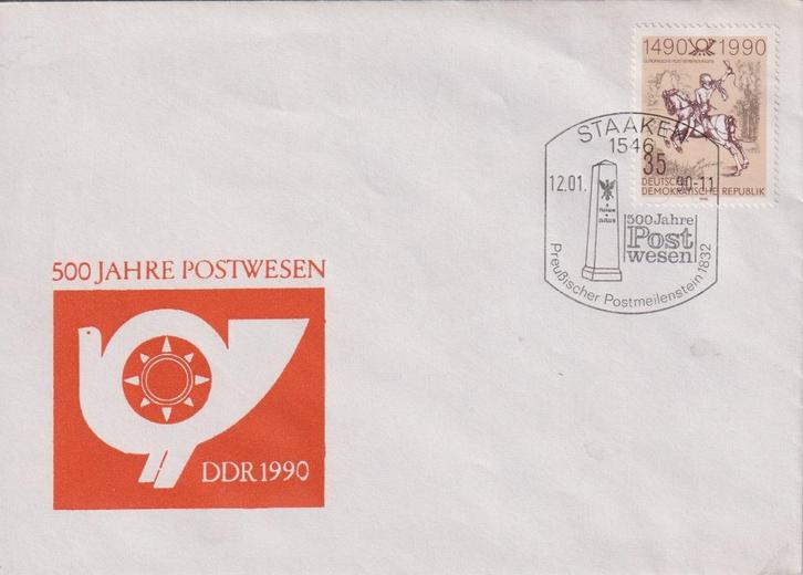 DDR 1990 V39 POST 500 jaar Postbode te paard, Postzegels en Munten, Postzegels | Eerstedagenveloppen, Onbeschreven, Europa, Ophalen of Verzenden
