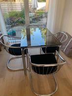 Retro Eetkamerset Rinaldi met Kvadrat bekleding, Gebruikt, 100 tot 150 cm, Glas, Vier personen