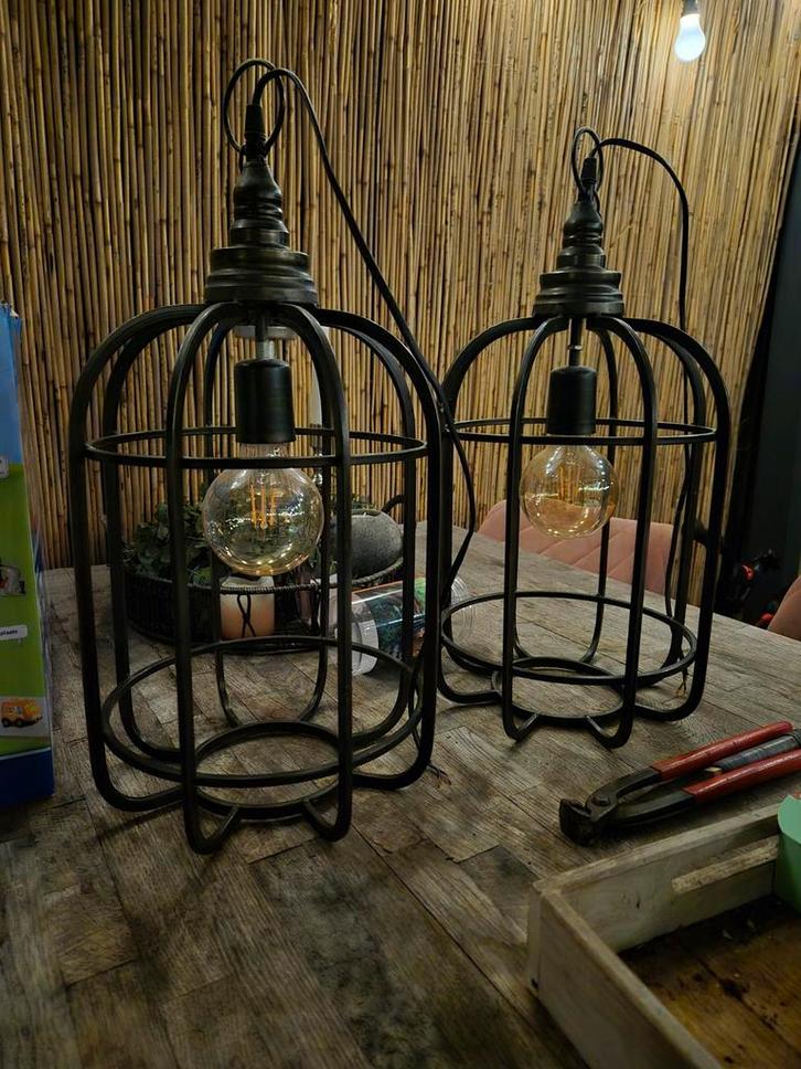 2 Hanglampen met Katrol Ophangsysteem, Huis en Inrichting, Lampen | Hanglampen, Gebruikt, 50 tot 75 cm, Hout, Metaal, Ophalen of Verzenden