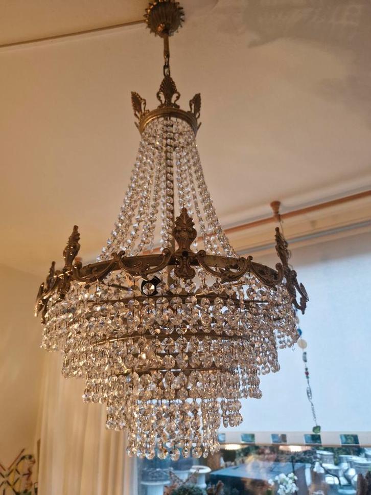 Antieke Kristallen Kroonluchter, Huis en Inrichting, Lampen | Kroonluchters, Gebruikt, Glas, Metaal, Ophalen of Verzenden