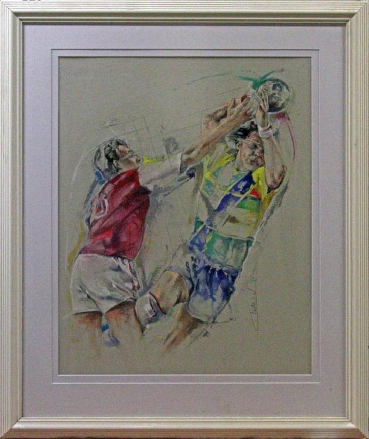 Handballers, ingelijst 119 x 99cm / Twan van de Vorstenbosch, Antiek en Kunst, Kunst | Schilderijen | Modern, Ophalen