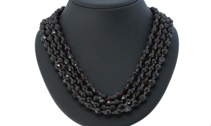 Granaat antieke 4-strengs ketting fraai zilveren slot dames, Sieraden, Tassen en Uiterlijk, Antieke sieraden, Ketting, Zilver