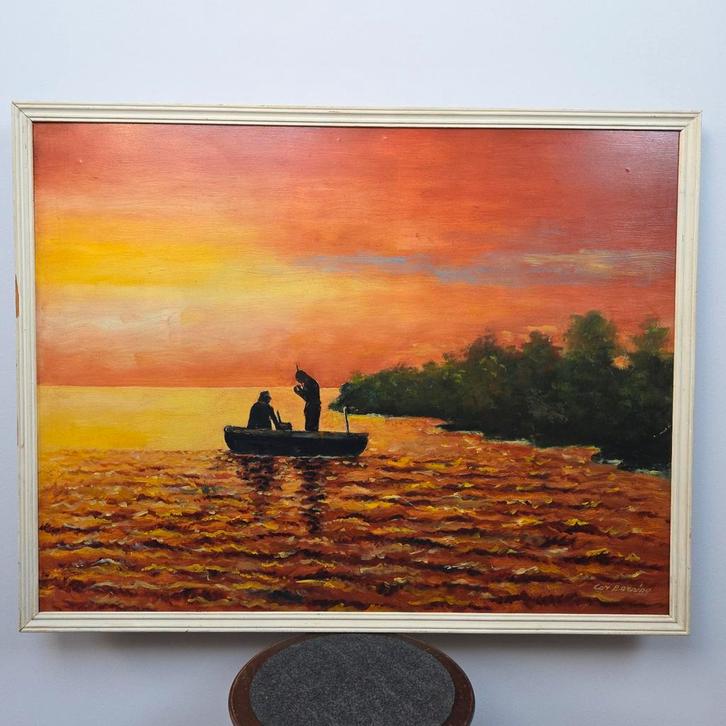 Vissers bij zonsondergang - Cor Barning, Antiek en Kunst, Kunst | Schilderijen | Klassiek, Ophalen of Verzenden