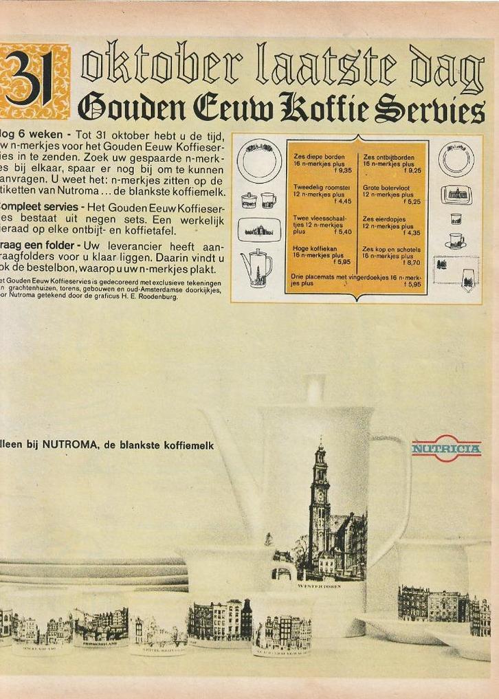 retro reclame 1966 Nutricia Nutroma Gouden Eeuw servies, Verzamelen, Retro, Overige typen, Verzenden