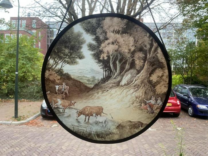 Glas in Lood Raamhanger met Landschap, Antiek en Kunst, Antiek | Wandborden en Tegels, Ophalen of Verzenden