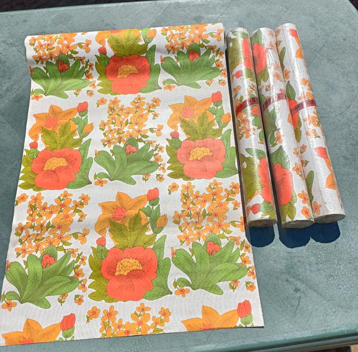 Vintage voorgelijmd behang oranje groen geel bloemen (LB3), Huis en Inrichting, Stoffering | Behang, Geel, Groen, Oranje, minder dan 10 m²